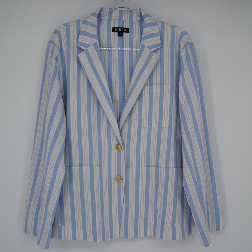 J.Crew Patch-pocket blazer striped linen blend Coastal Beach‎ Preppy Vacation M